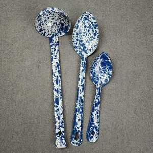 Blue & White Enamel Splatterware Utensils Ladle Serving Soup Spoons Set of 3
